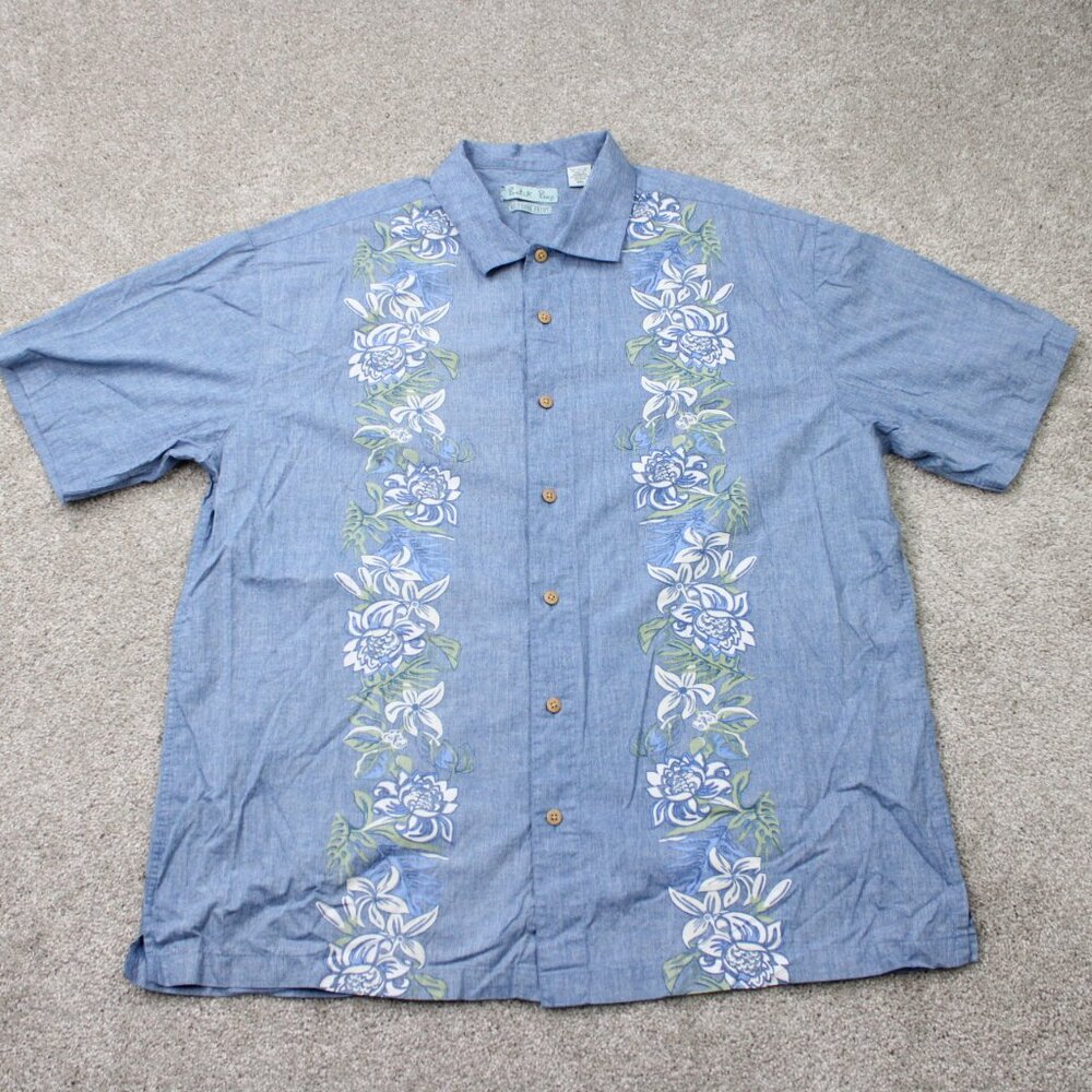 Batik Bay Shirt Mens 2XL XXL Blue Floral Reverse Print 100% Cotton Short Sleeve‎